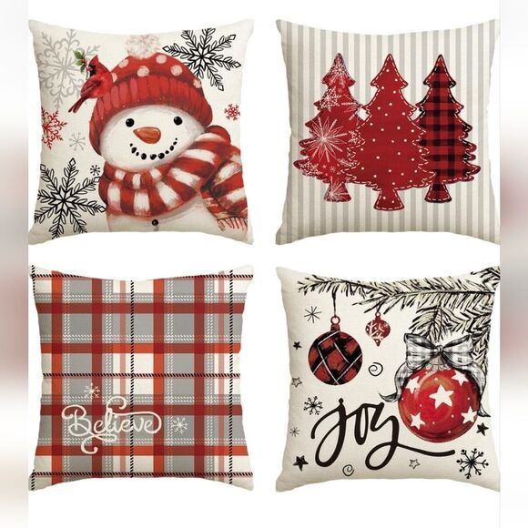 Set of 4 Throw Pillow Covers Snowman, Joy, Believe, Christmas Trees 18"x18" - Picture 2 of 14